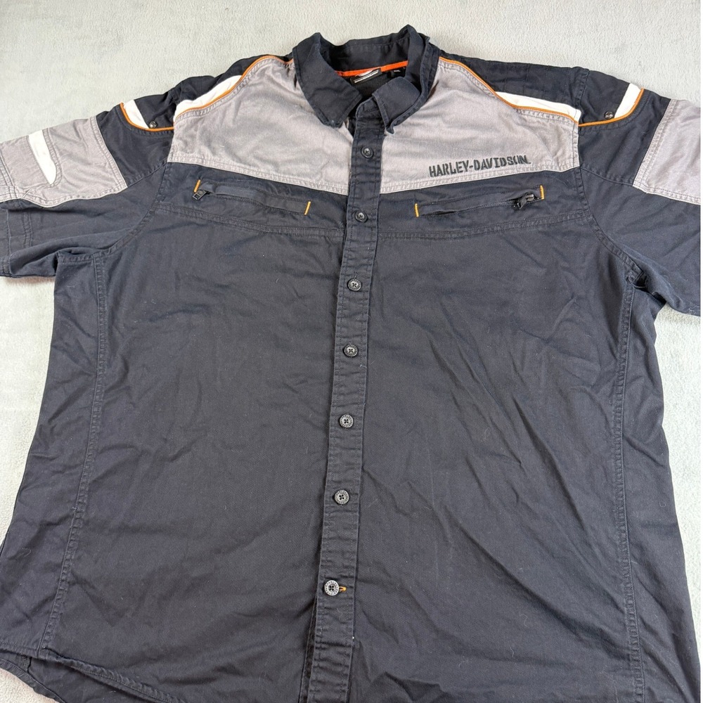 Harley-Davidson Mens 3XL Colorblock Button Up Garage Shirt Black Grey Orange - Picture 9 of 13